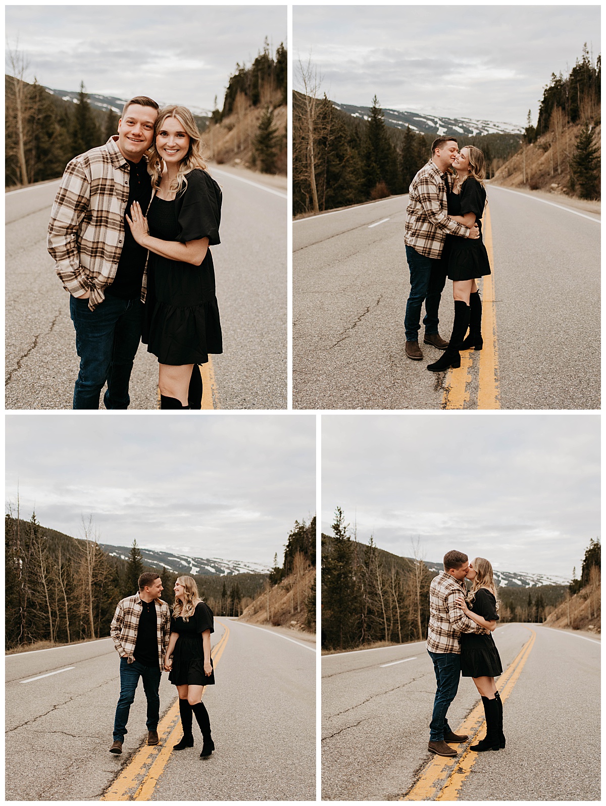 couple hugs and kisses in middle of road at Colorado engagement session