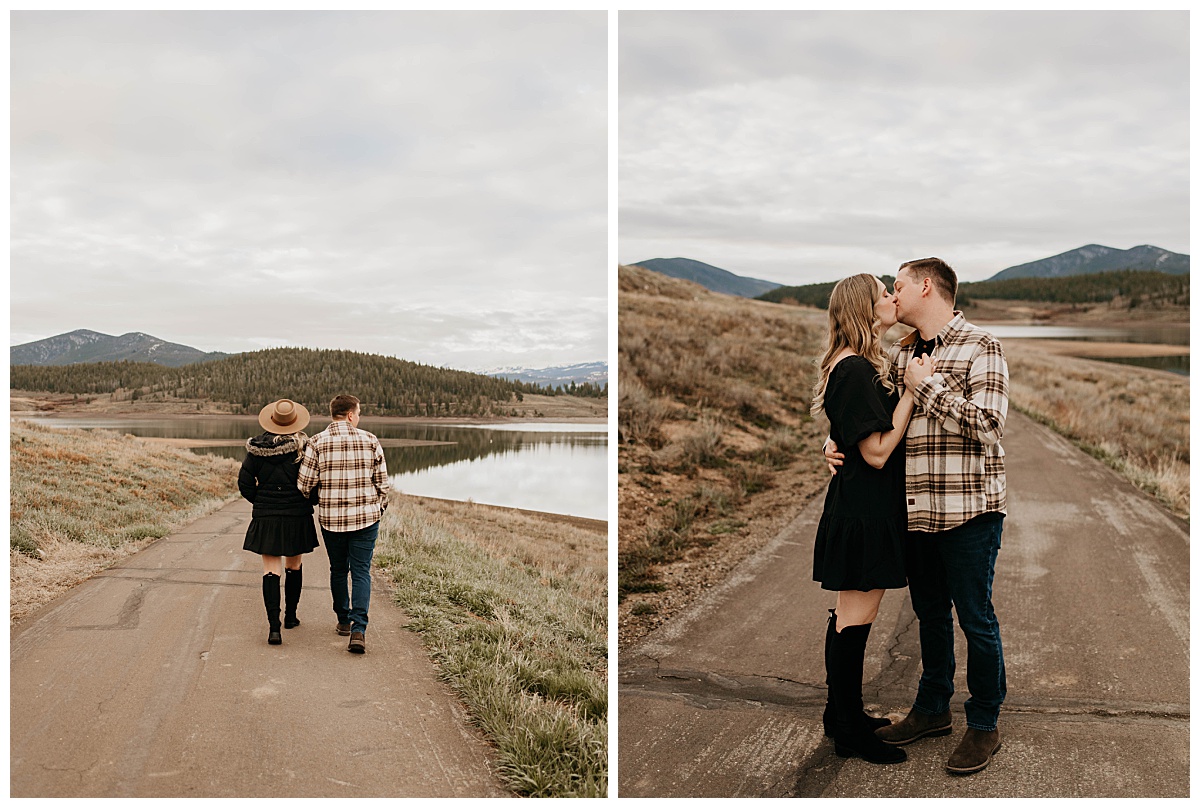 man and woman kiss on path by lake by Texas wedding photographer