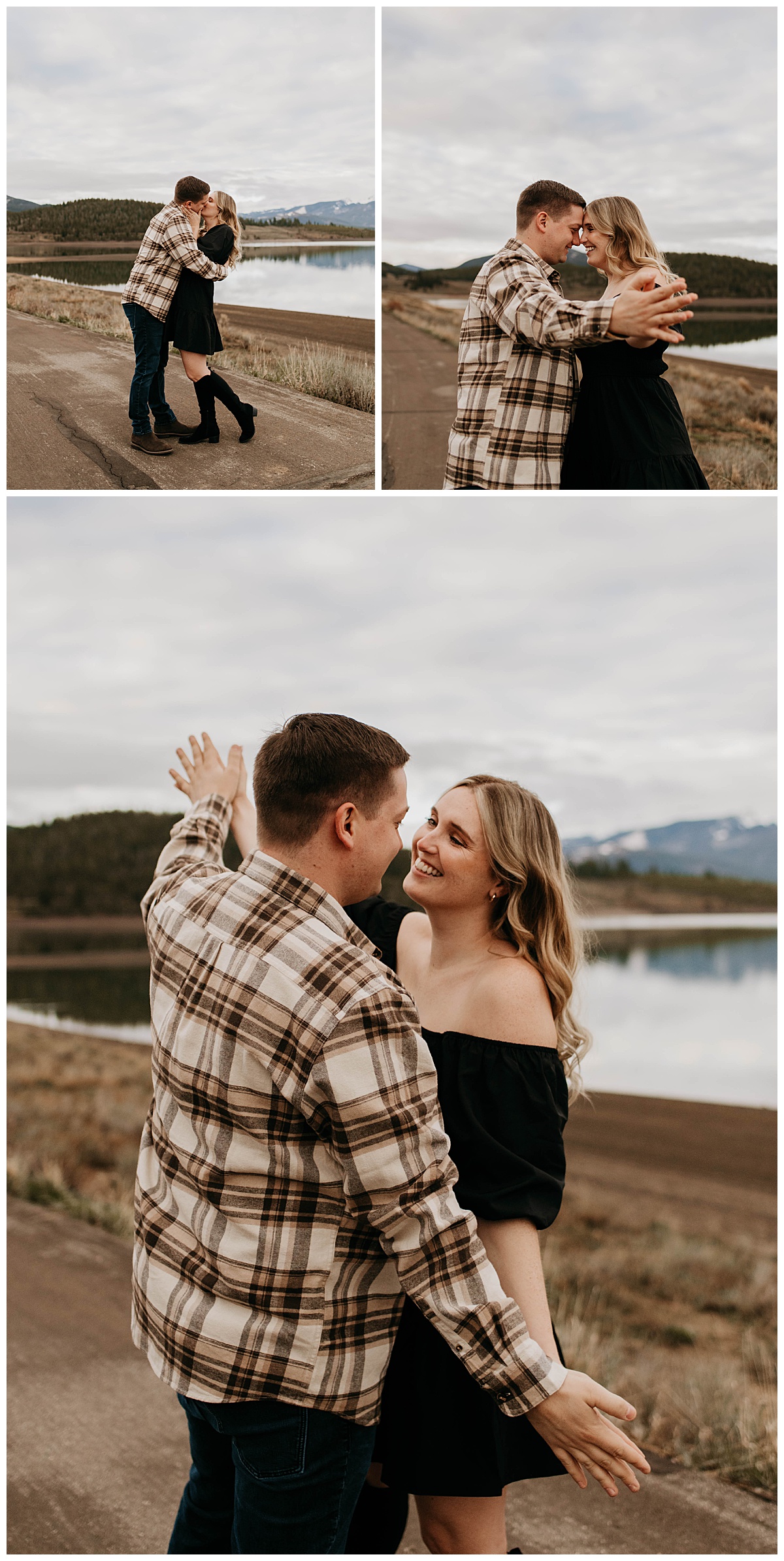 couple touches foreheads in front of lake during Colorado engagement session