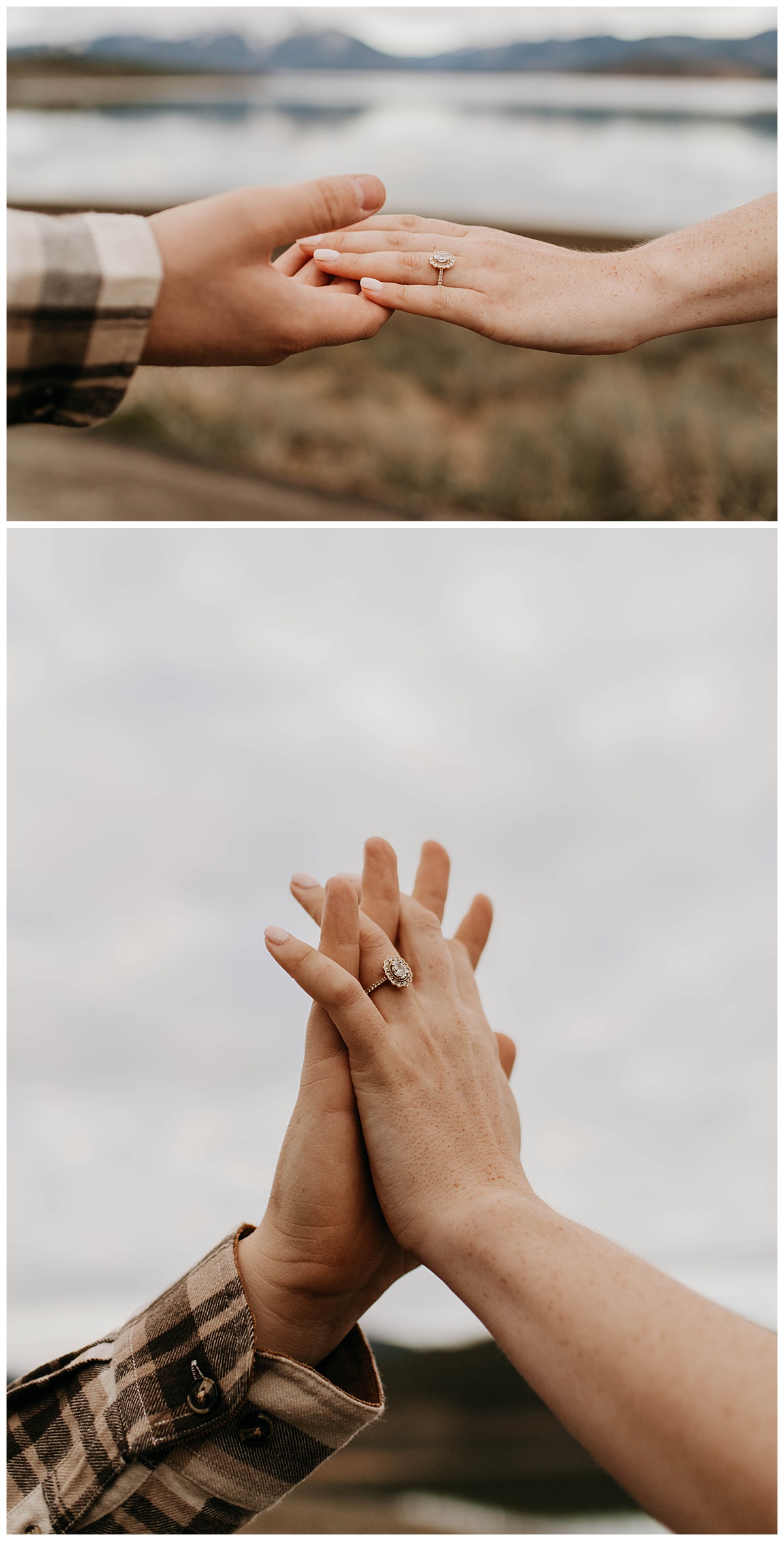 couple shows off engagement rings while holding hands by Texas wedding photographer