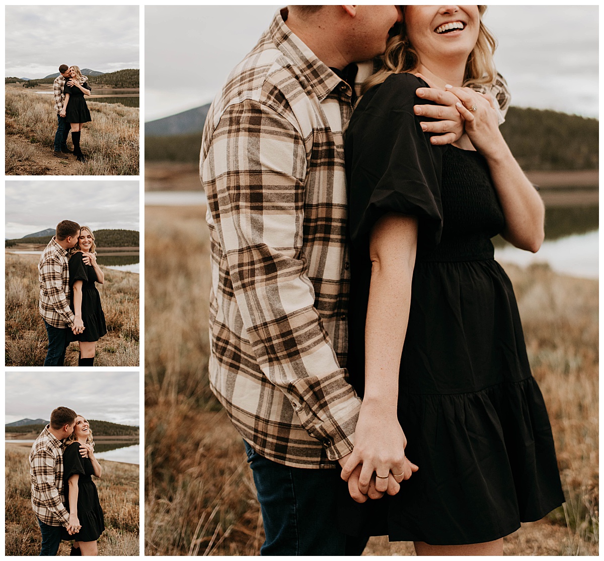 man hugs woman from behind during Colorado engagement session