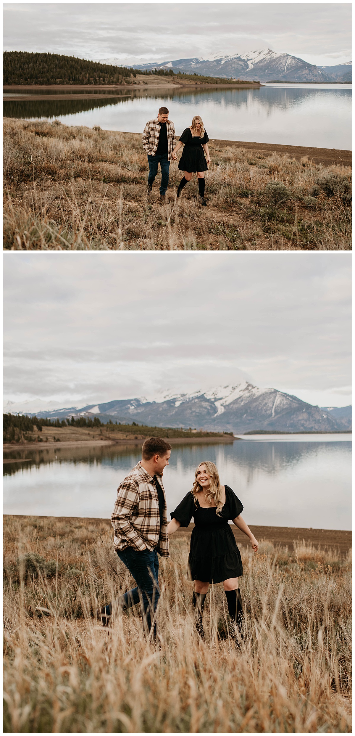 couple walks holding hands next to a lake in the mountains at Colorado engagement session