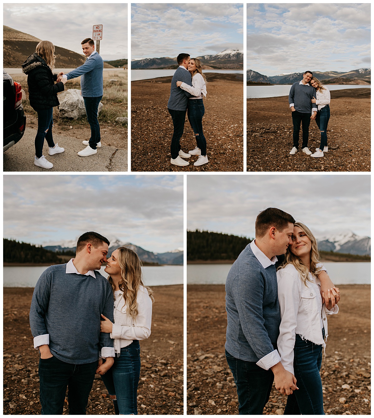 man and woman hug on rocks near lake in mountains by Texas wedding photographer