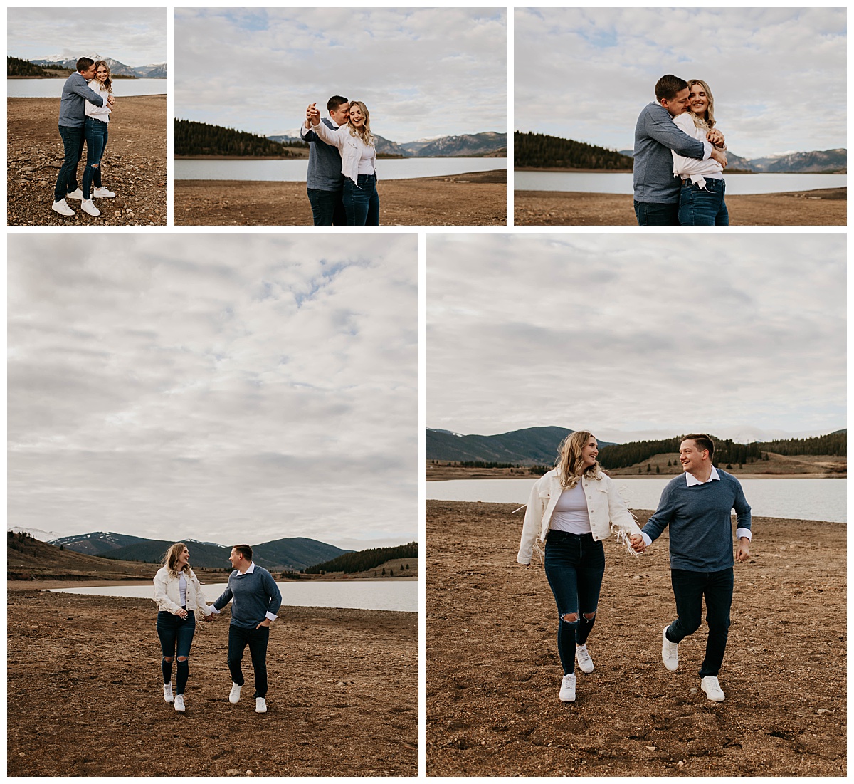 couple run together next to body of water by Texas wedding photographer