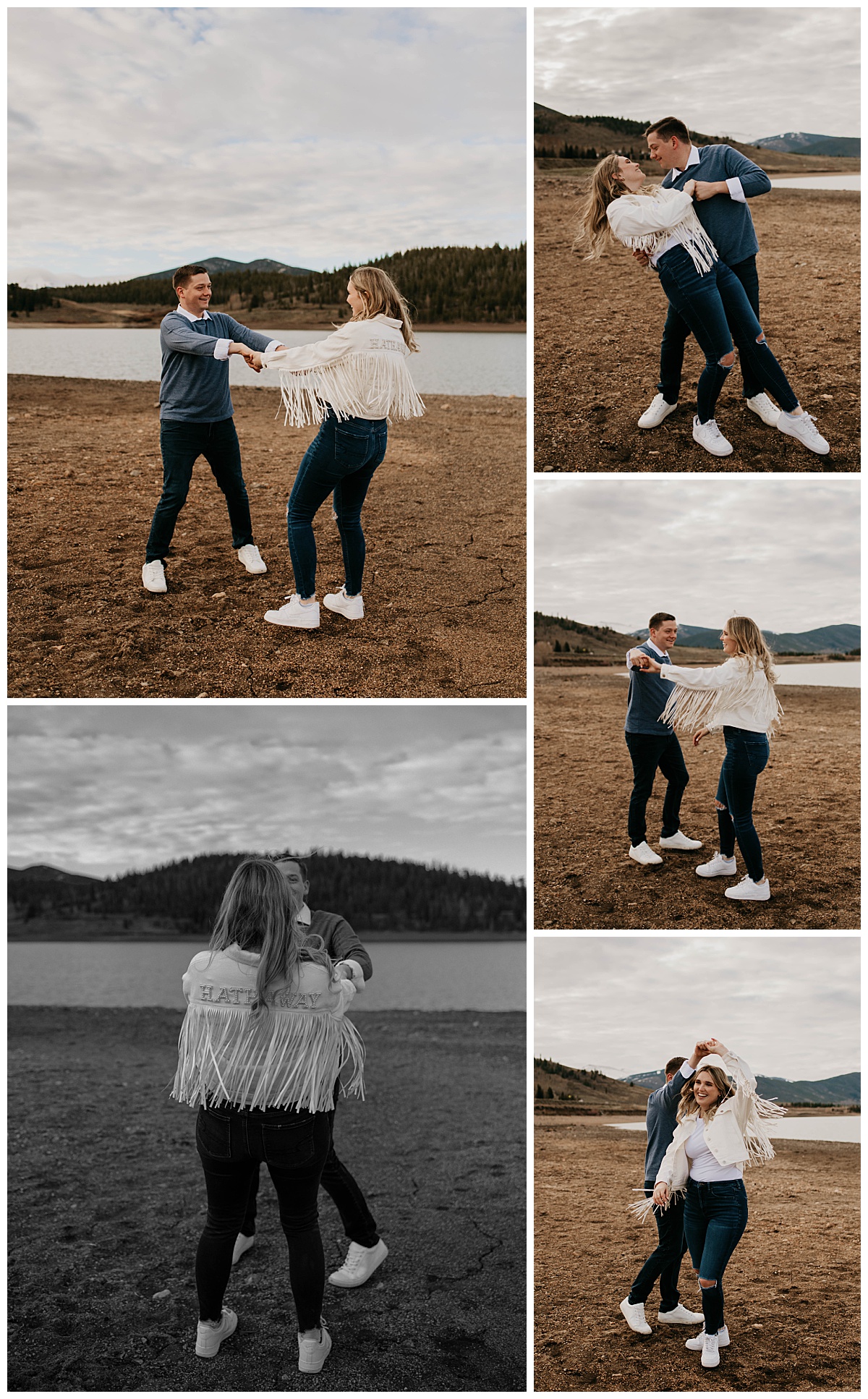 man spins woman around in fringed jacket during Colorado engagement session