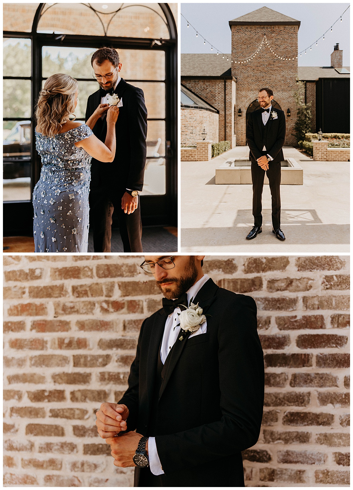 mother of the groom adjusts his tux by Texas wedding photographer