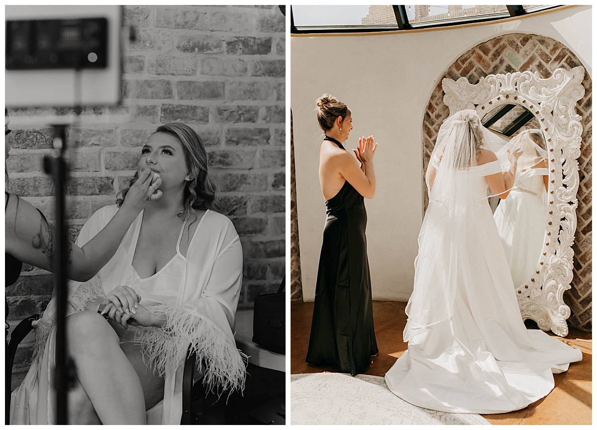 bride gets makeup done and makes final touches in mirror by Stephanie J. Zamora Photography