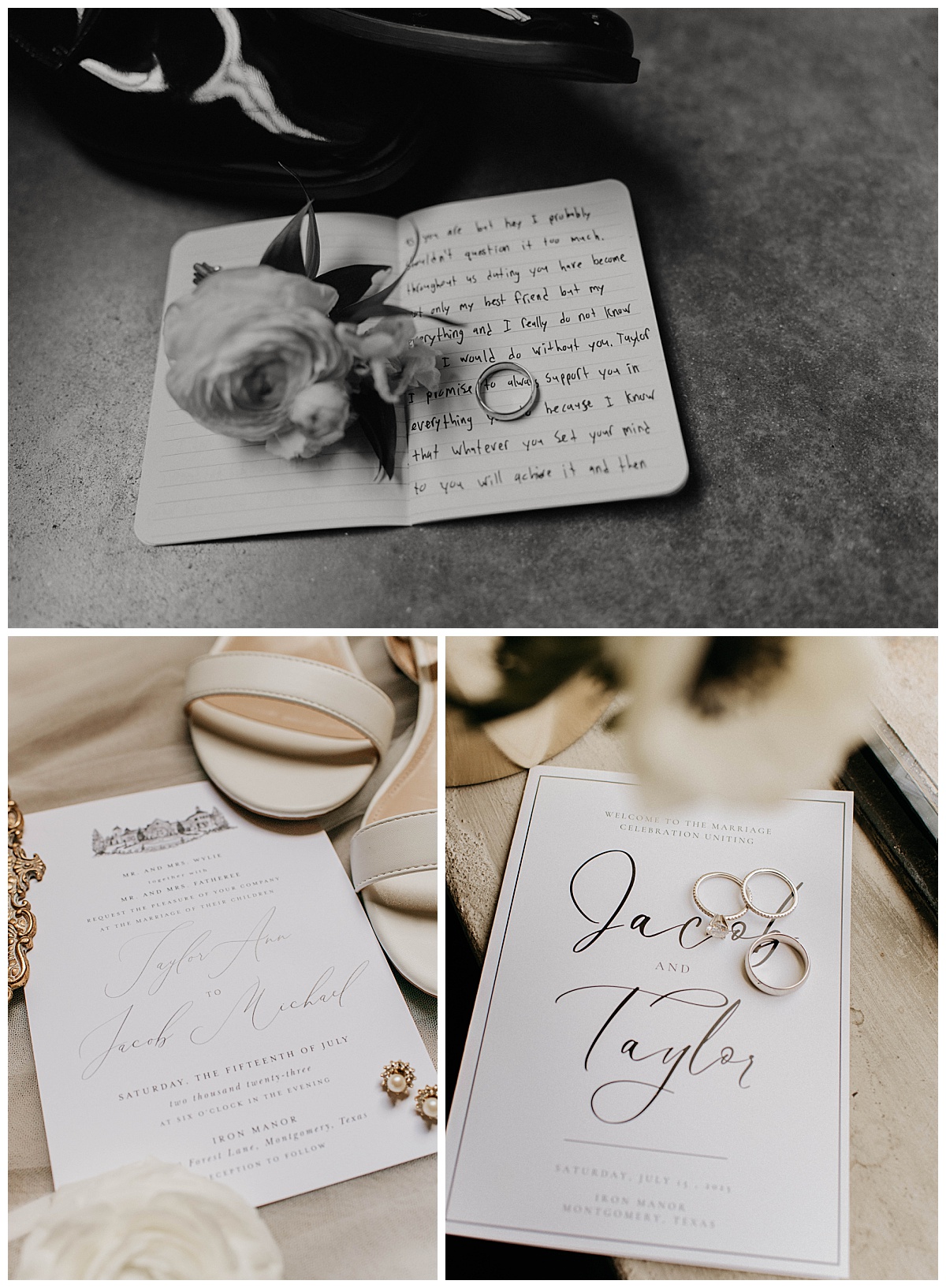 stationery and rings sit next to boutonniere and vows at Iron Manor ceremony