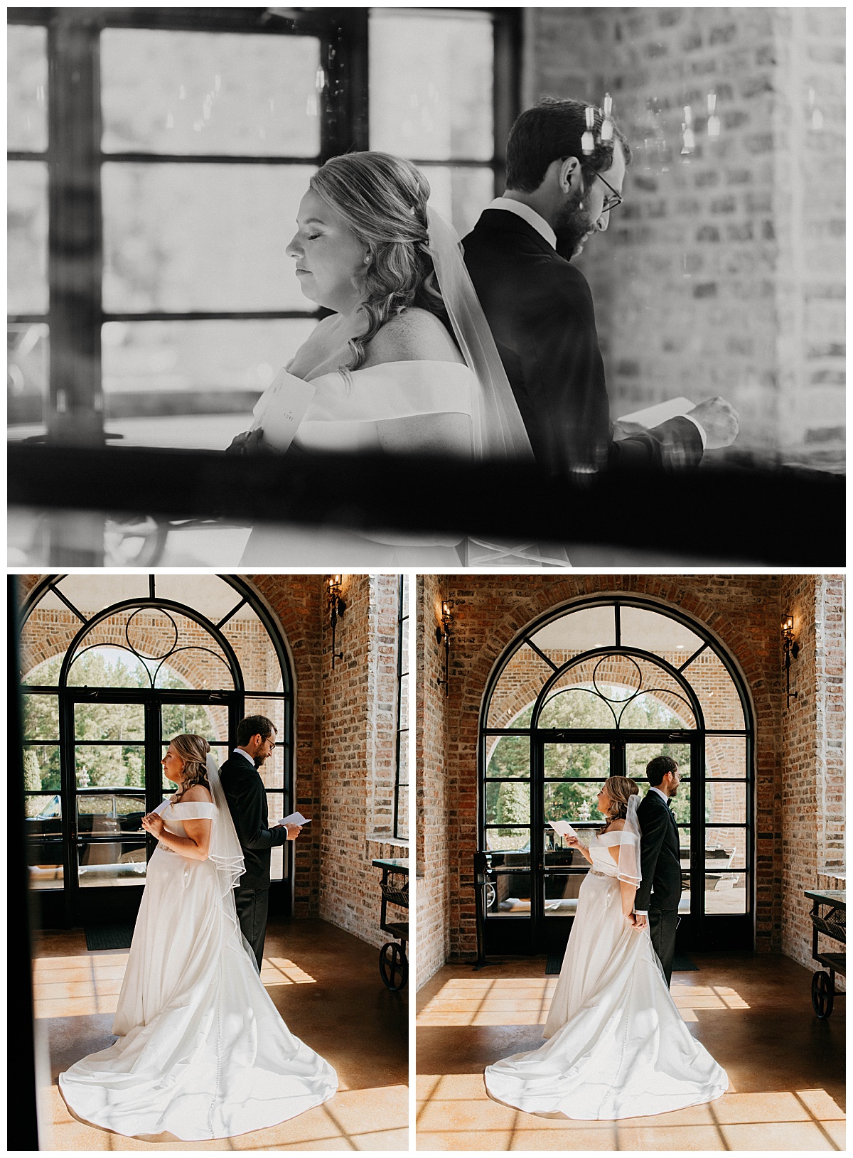 couple stands back to back sharing with each other before ceremony by Texas wedding photographer