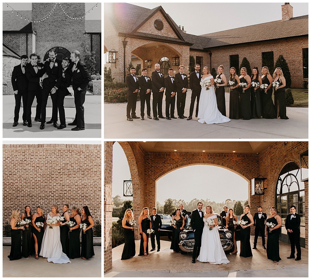 bridal party gathers around classic car at Iron Manor