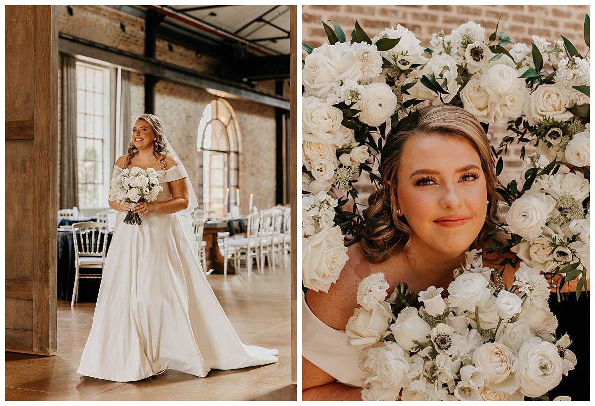 bride smiles as she is surrounded by bridesmaids florals by Texas wedding photographer