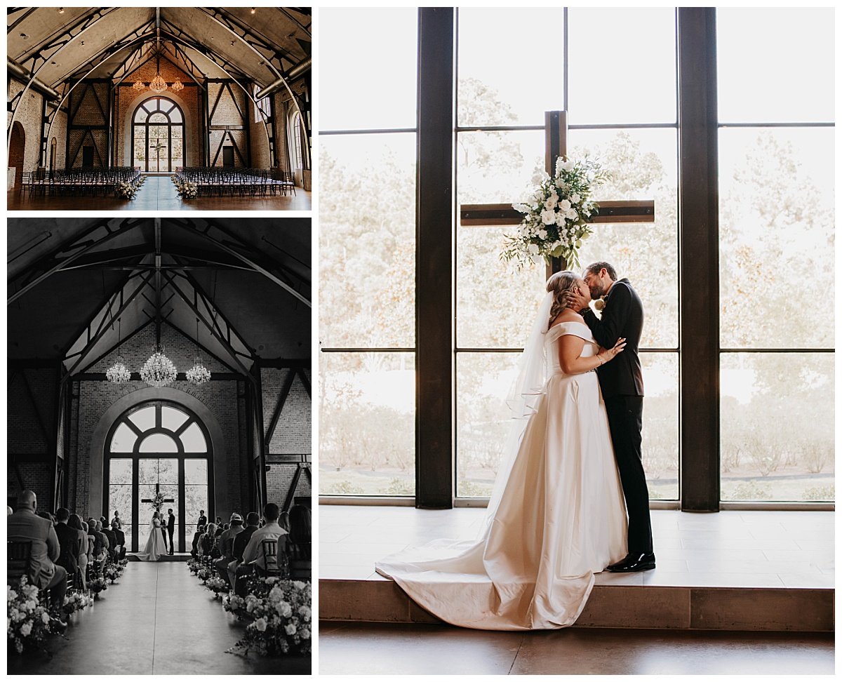 newlyweds kiss in front of large window with centered cross by Texas wedding photographer