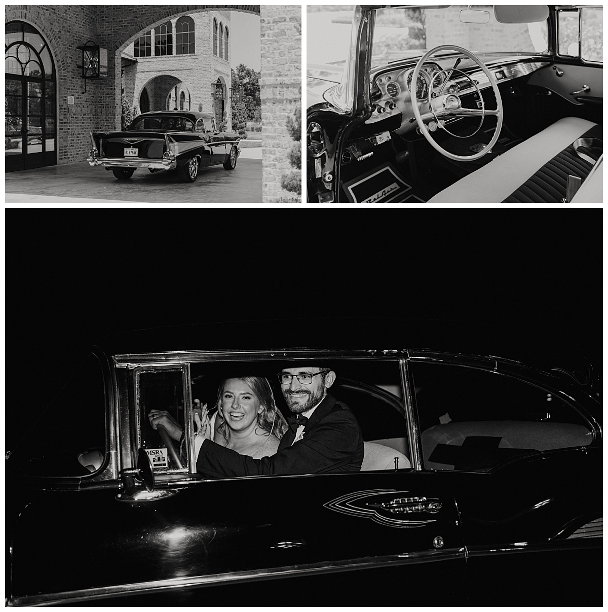 newlyweds exit their Iron Manor reception in vintage car