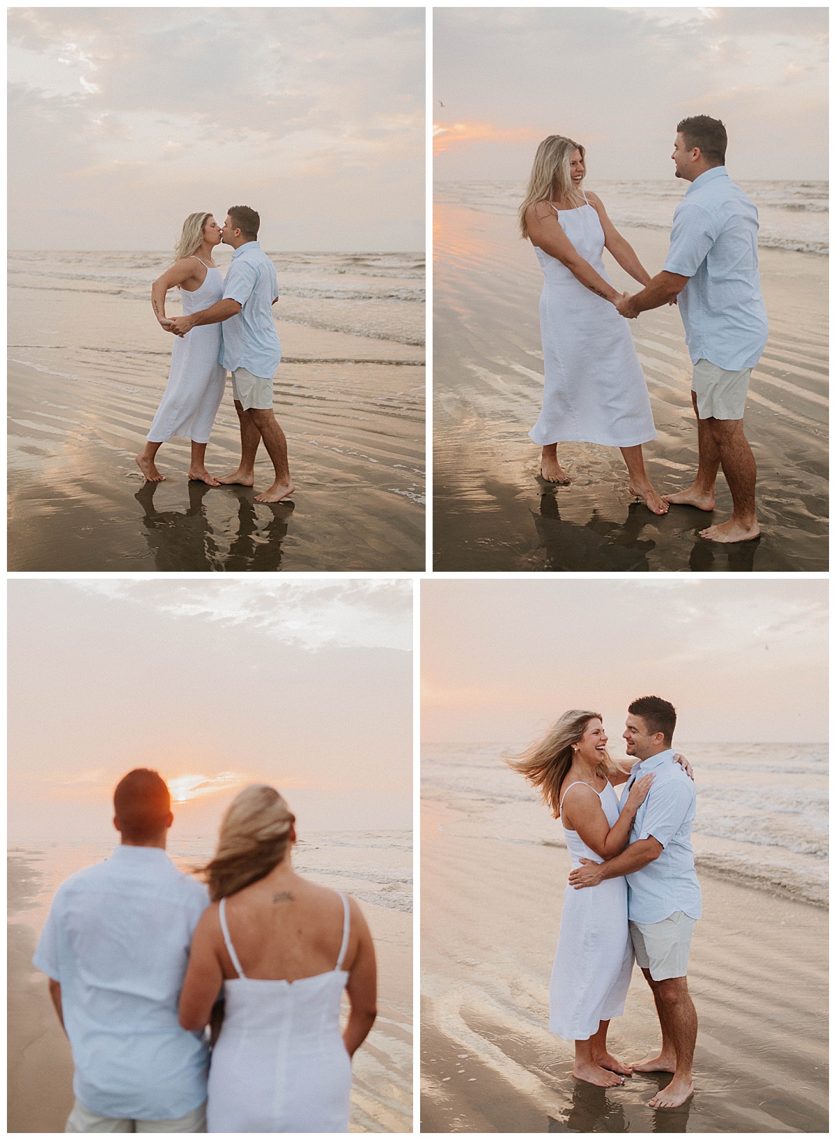 man and woman dance together on the beach during Galveston sunrise engagement session