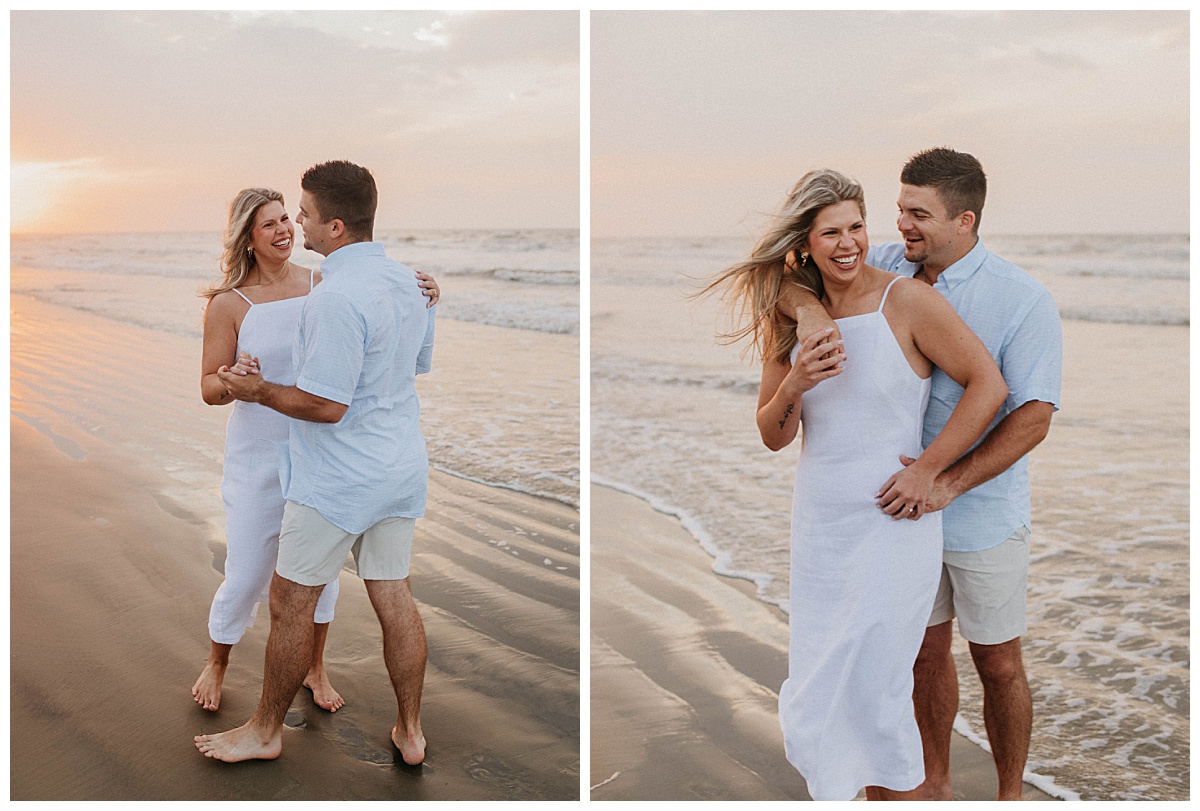 couple laughs together in the waves at Galveston sunrise engagement session