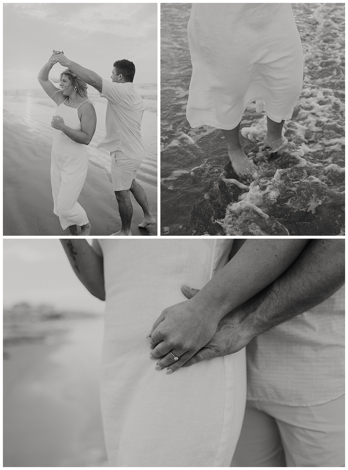 groom to be spins bride to be along the shore by Texas wedding photographer