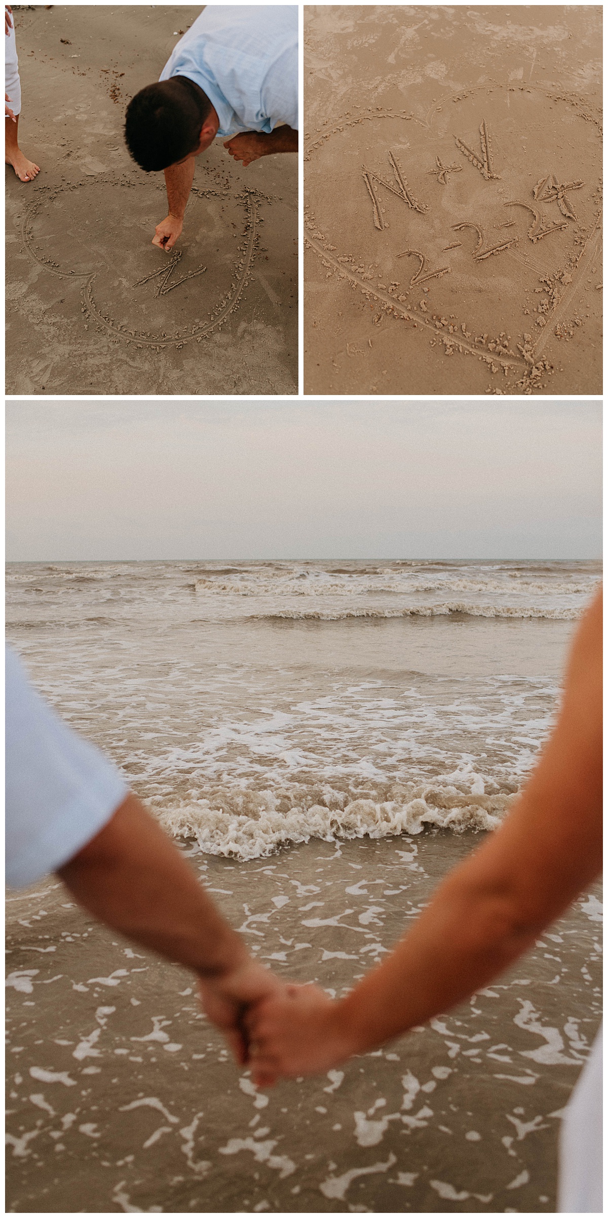 man draws heart with initials and date in it on the sand at the beach by Stephanie J. Zamora Photography