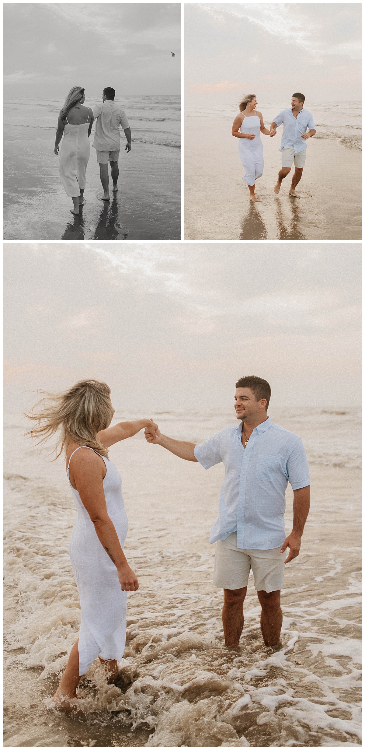 couple runs together on the sand at Galveston sunrise engagement session