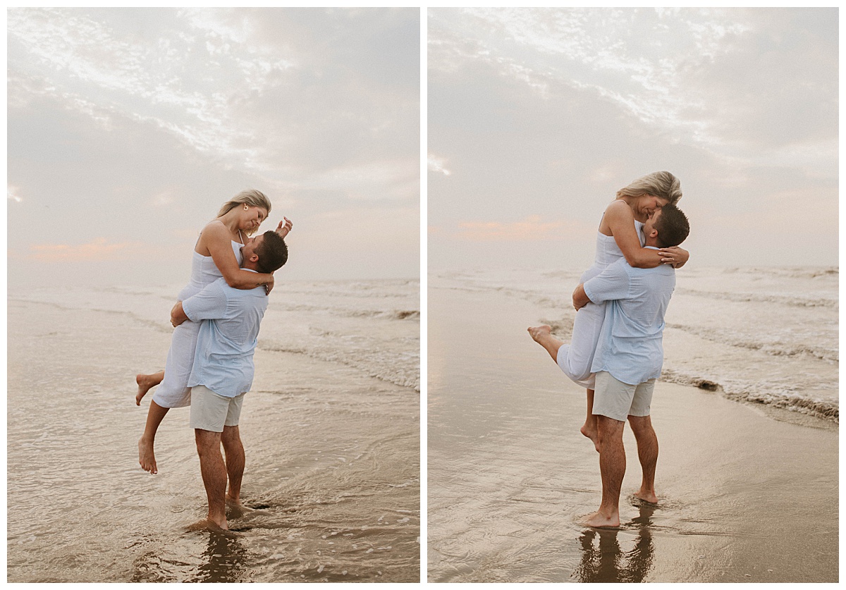 man picks up fiancé and they touch foreheads by Texas wedding photographer