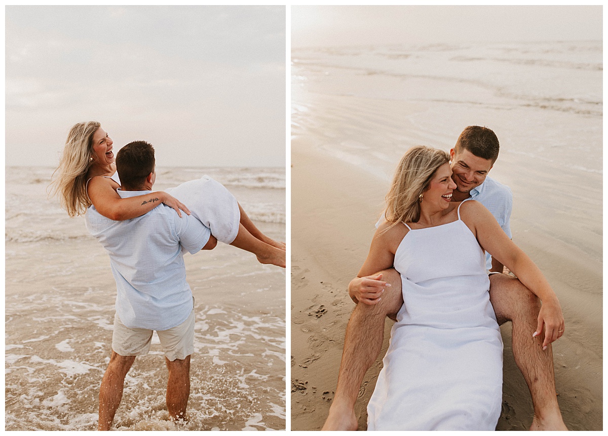 woman sits between man's legs and leans back on him at Galveston sunrise engagement session