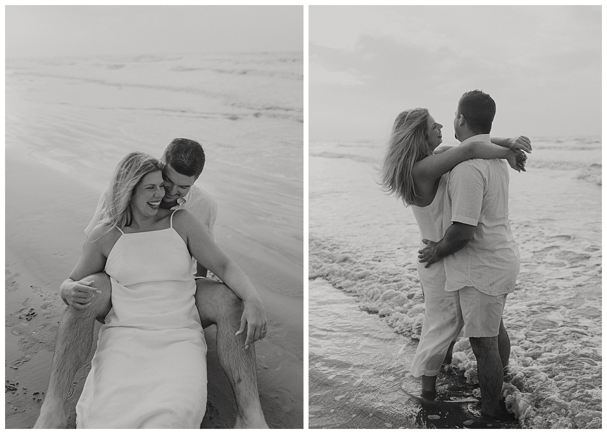 couple laughs together in the waves by Texas wedding photographer