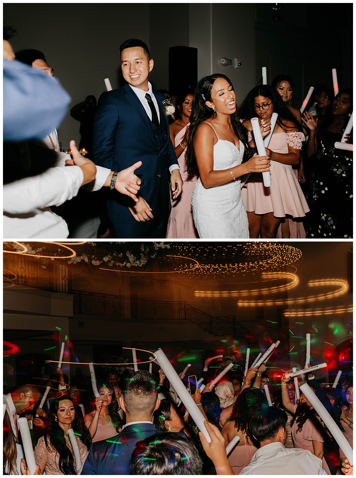 man and woman dance with guests at reception by Texas wedding photographer