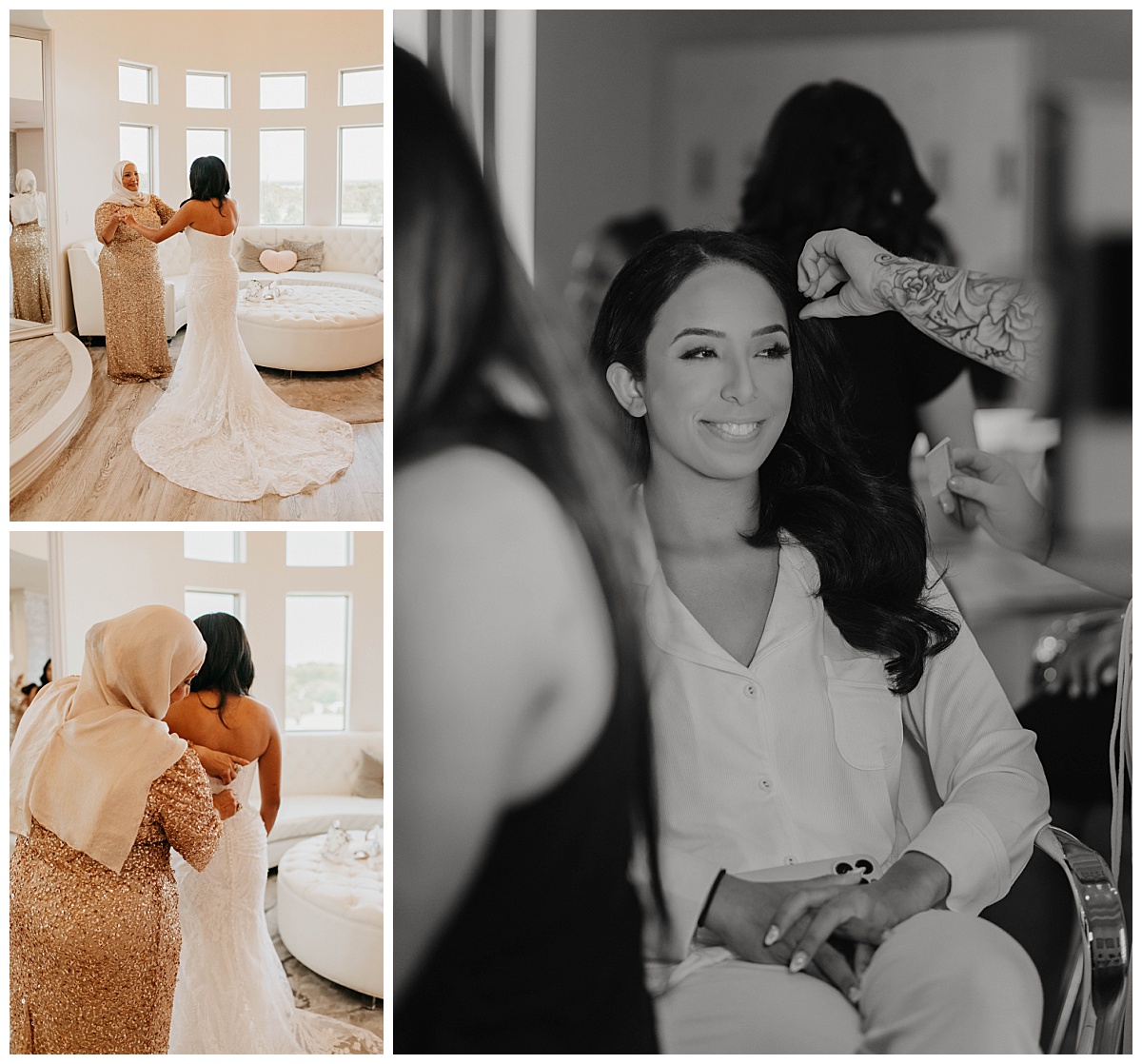 woman gets ready for ceremony with help from her mom by Texas wedding photographer