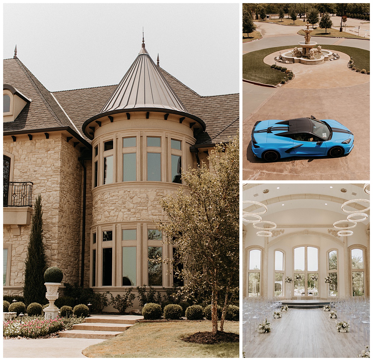 mansion estate features fountain and blue sports car by Texas wedding photographer