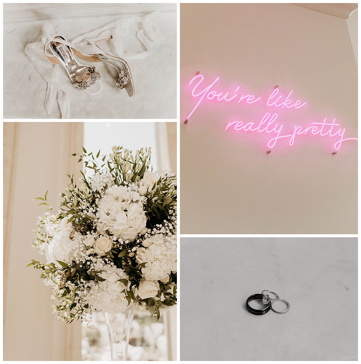 neon sign hangs on wall next to white florals by Stephanie J. Zamora Photography