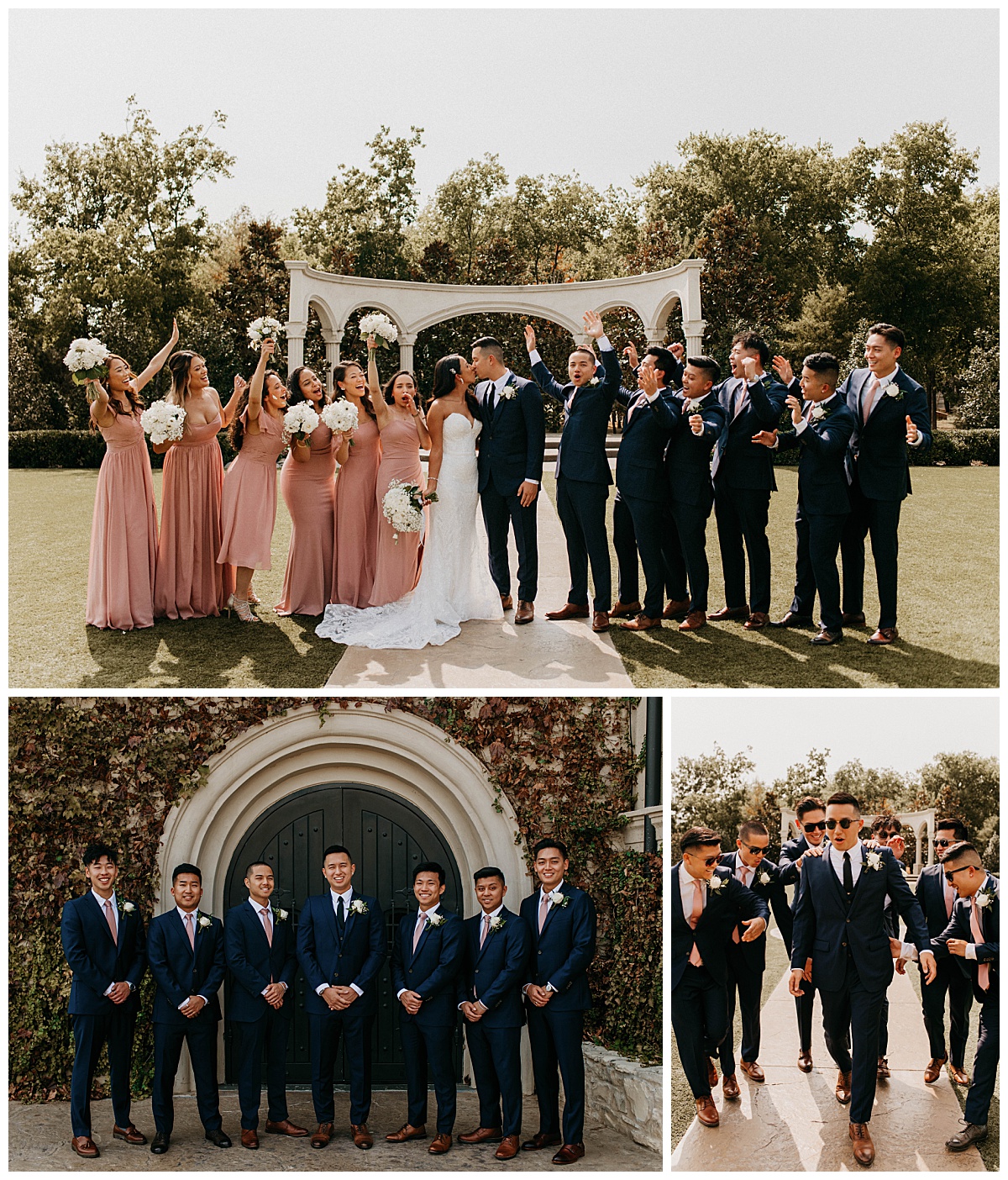 bridal party celebrates as bride and groom kiss at Knotting Hill Place