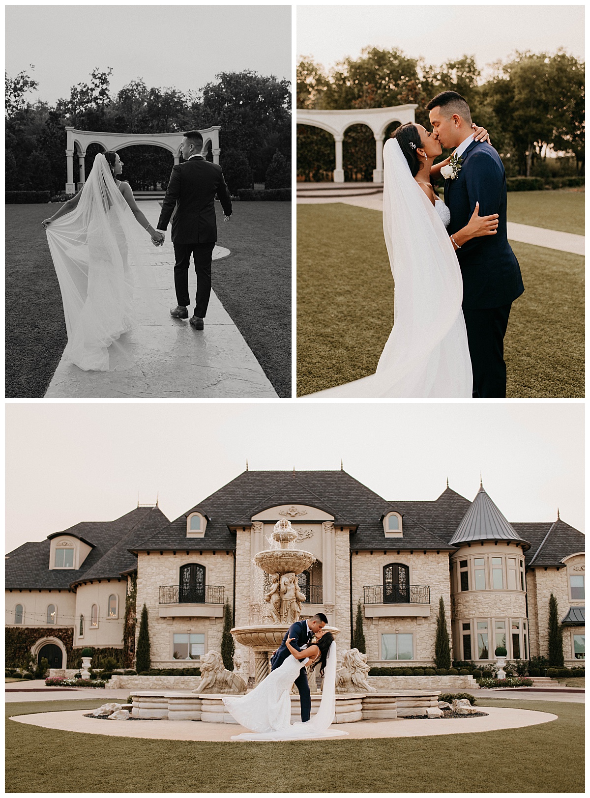 man dips woman and kisses her in front of a fountain by Texas wedding photographer