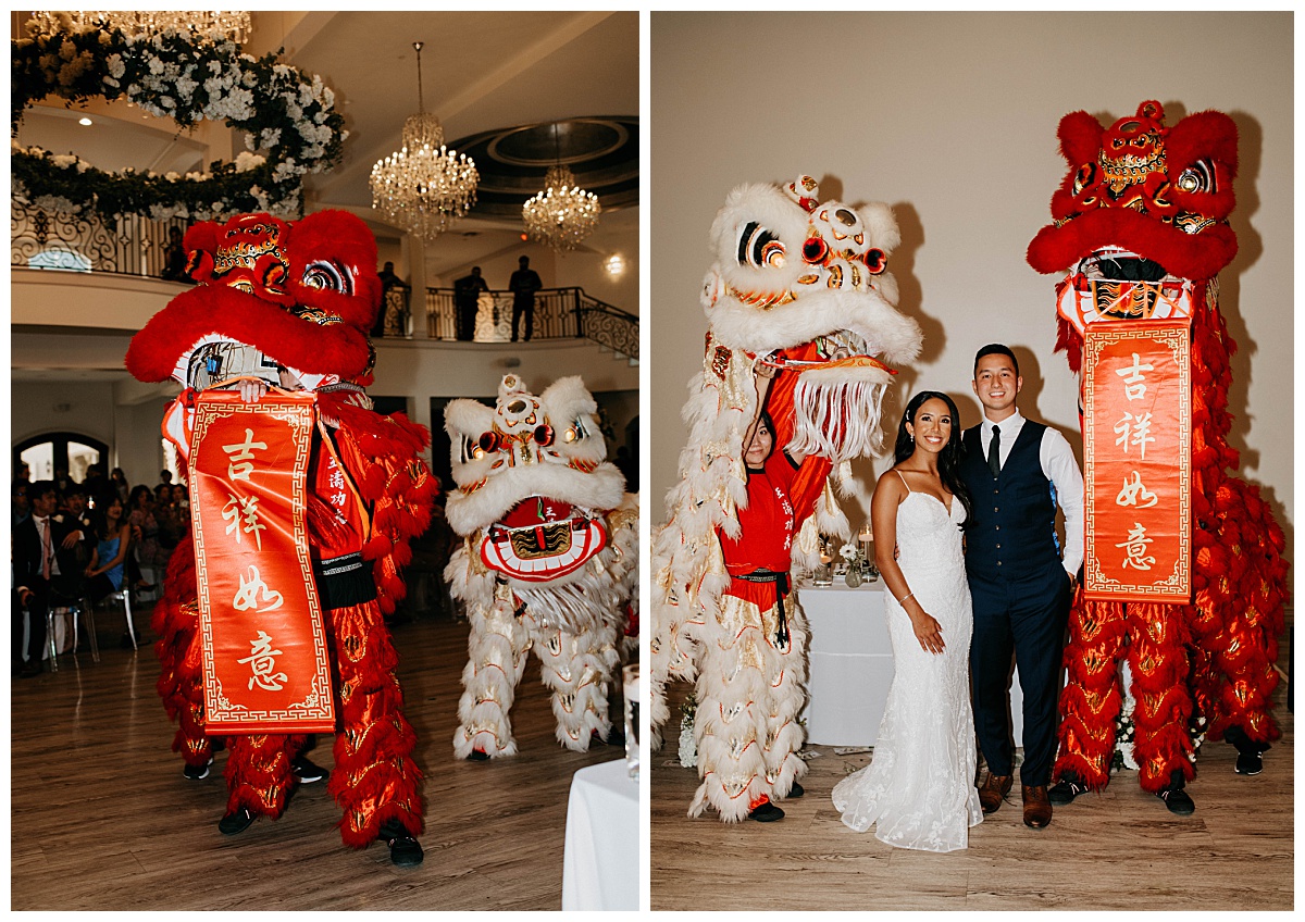 bride and groom stand next to Chinese dragons who dance at reception at Knotting Hill Place