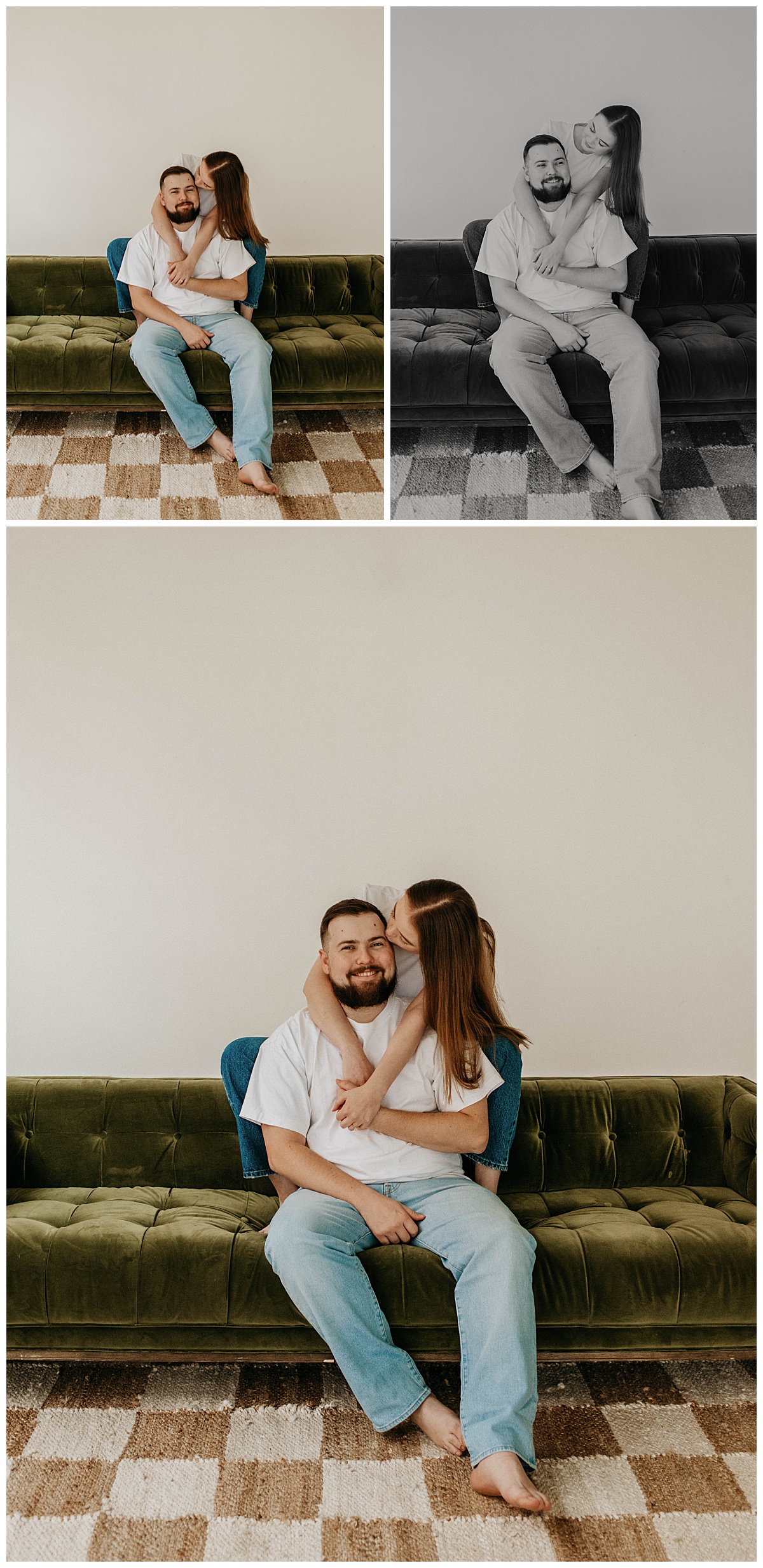 guy sits on couch as girl kisses his cheek from behind by Texas wedding photographer