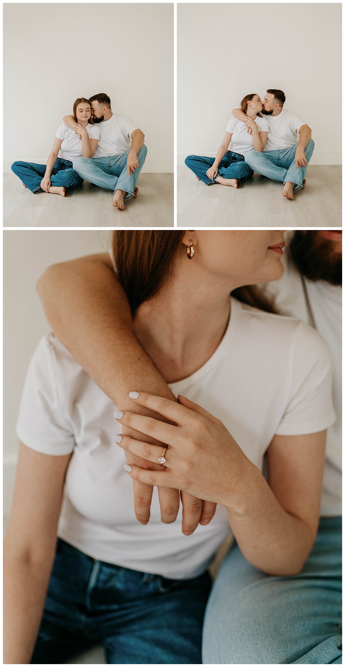 man puts arm around woman's shoulders as she shows off ring at studio engagement session