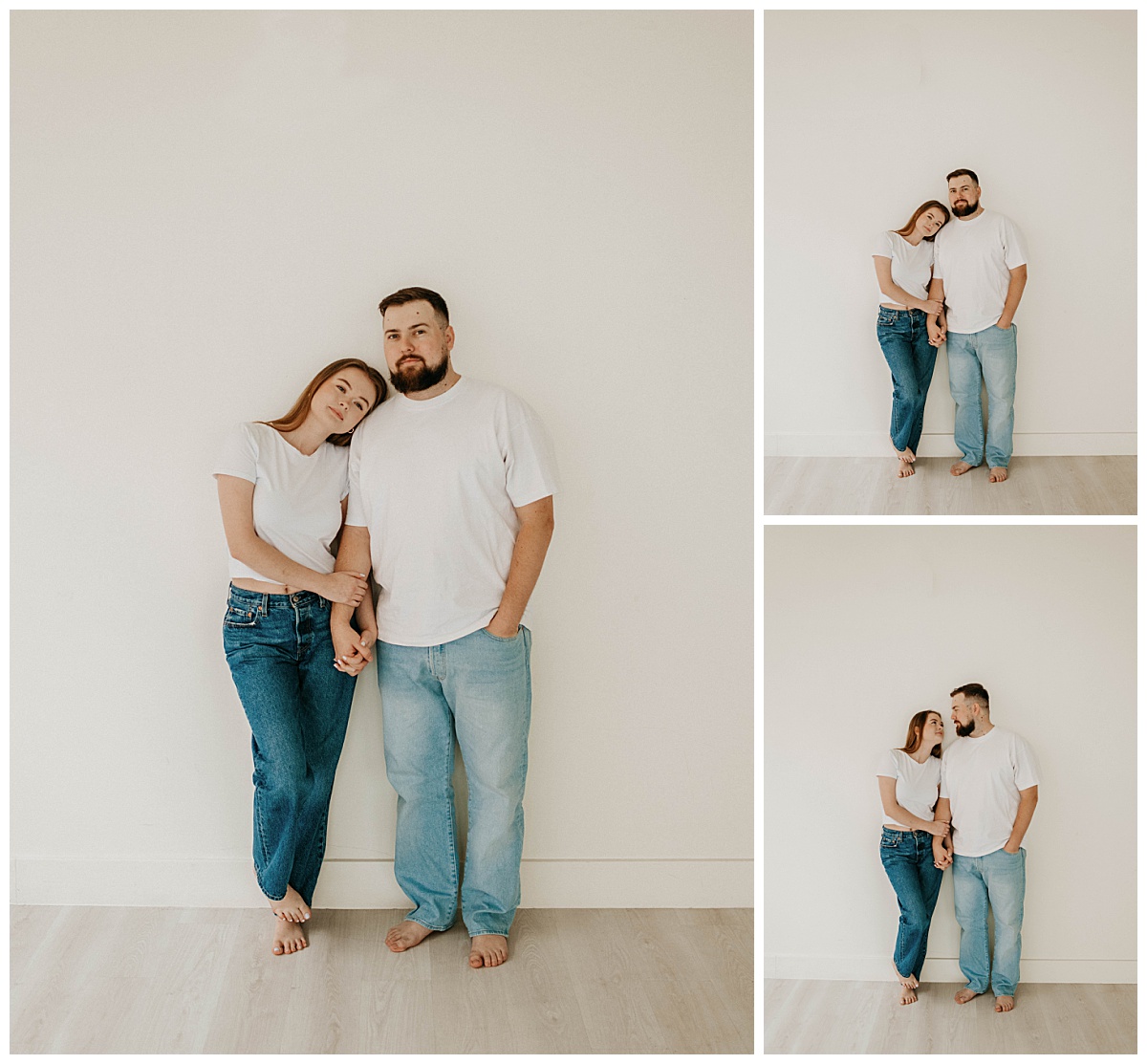 fiances lean against wall holding hands by Texas wedding photographer