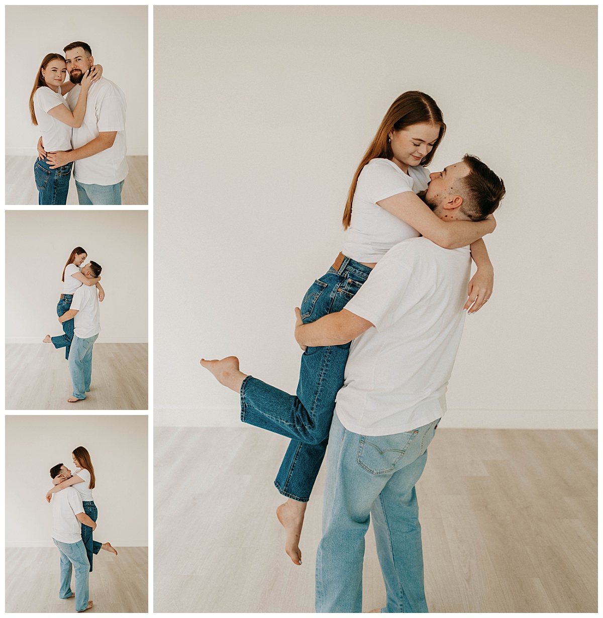 groom-to-be lifts bride-to-be as she kicks out her foot by Texas wedding photographer