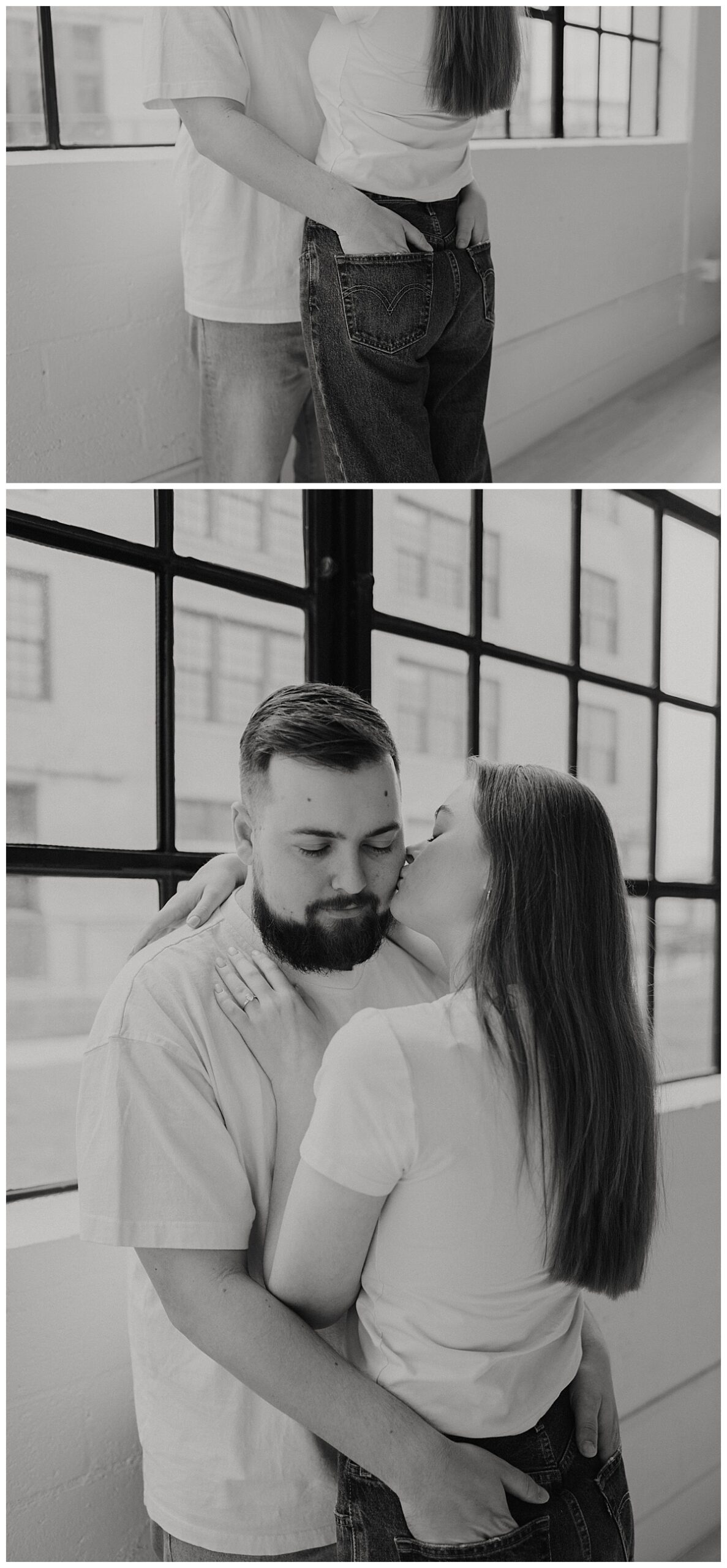 man puts hands in woman's back pockets while she hugs him by Stephanie J Zamora Photography