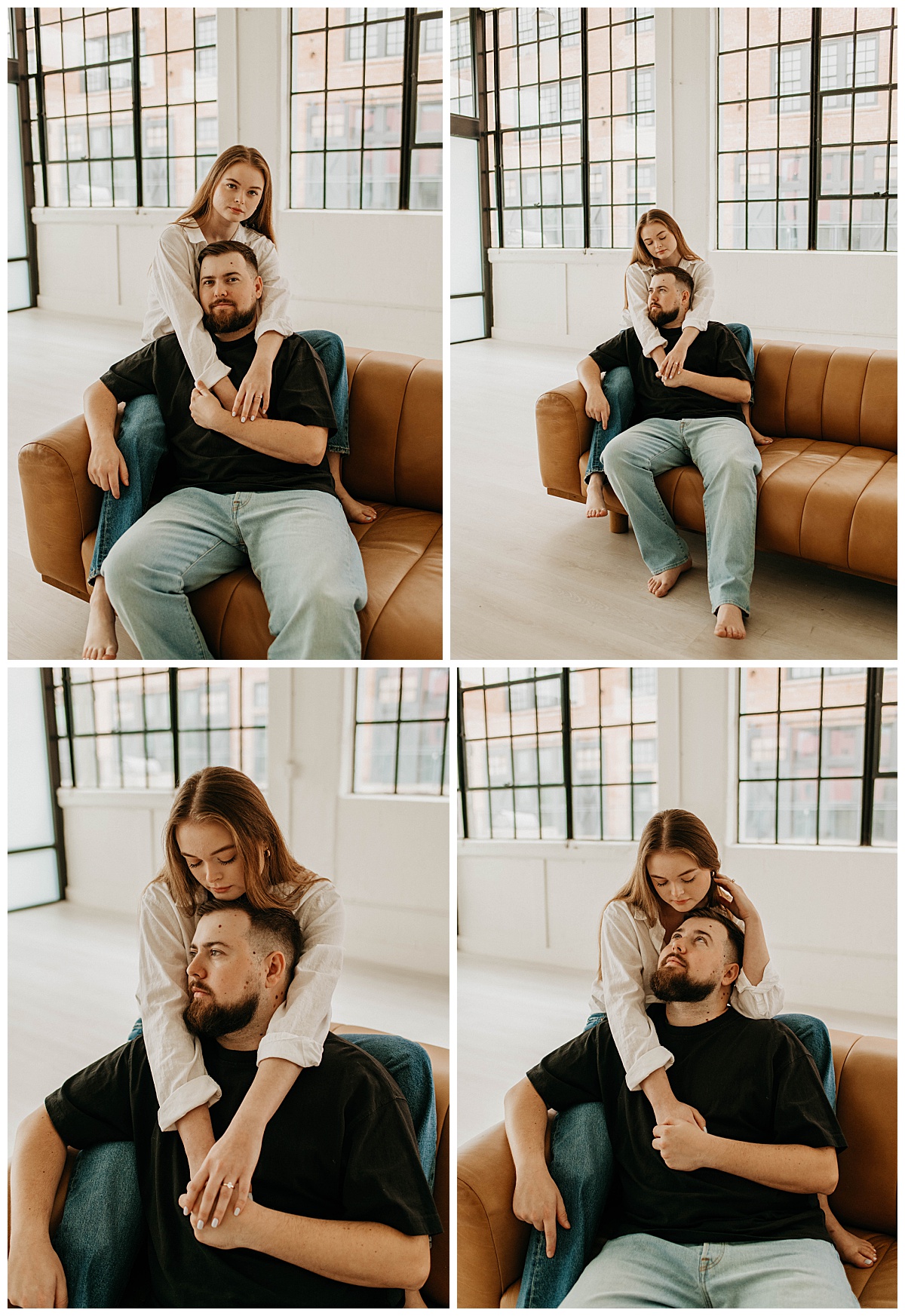 girl drapes arms over mans shoulders as she sits behind him on couch by Texas wedding photographer