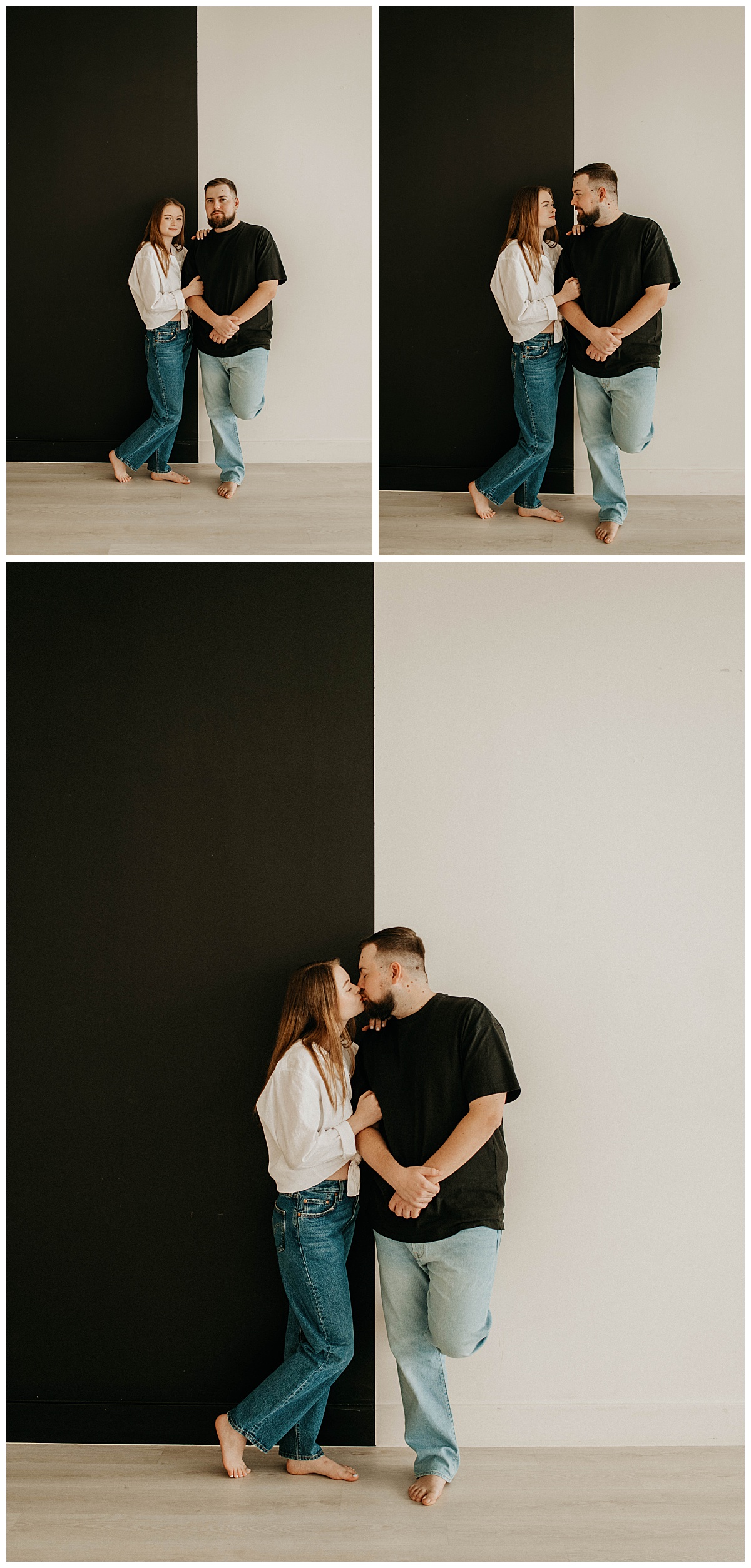 couple leans against wall contrasting with their outfits by Stephanie J Zamora Photography