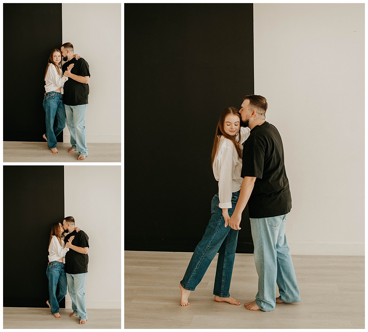 man and woman wearing black and white kiss in front of black and white wall during studio engagement session