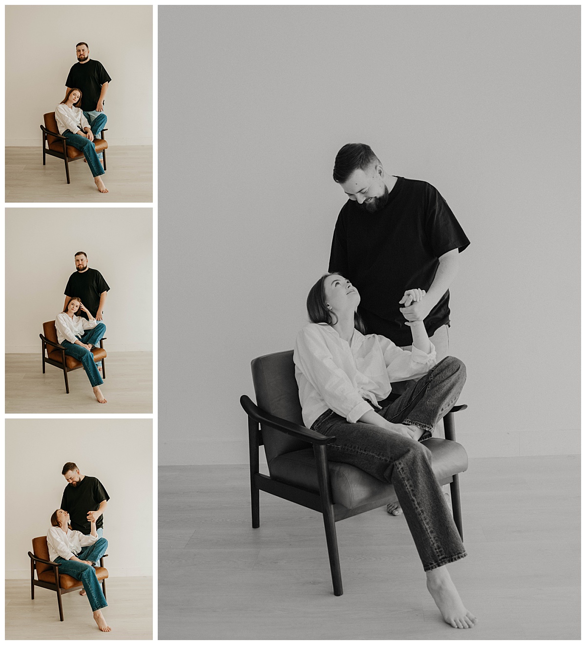 guy looks down smiling at girl who sits in chair by Texas wedding photographer