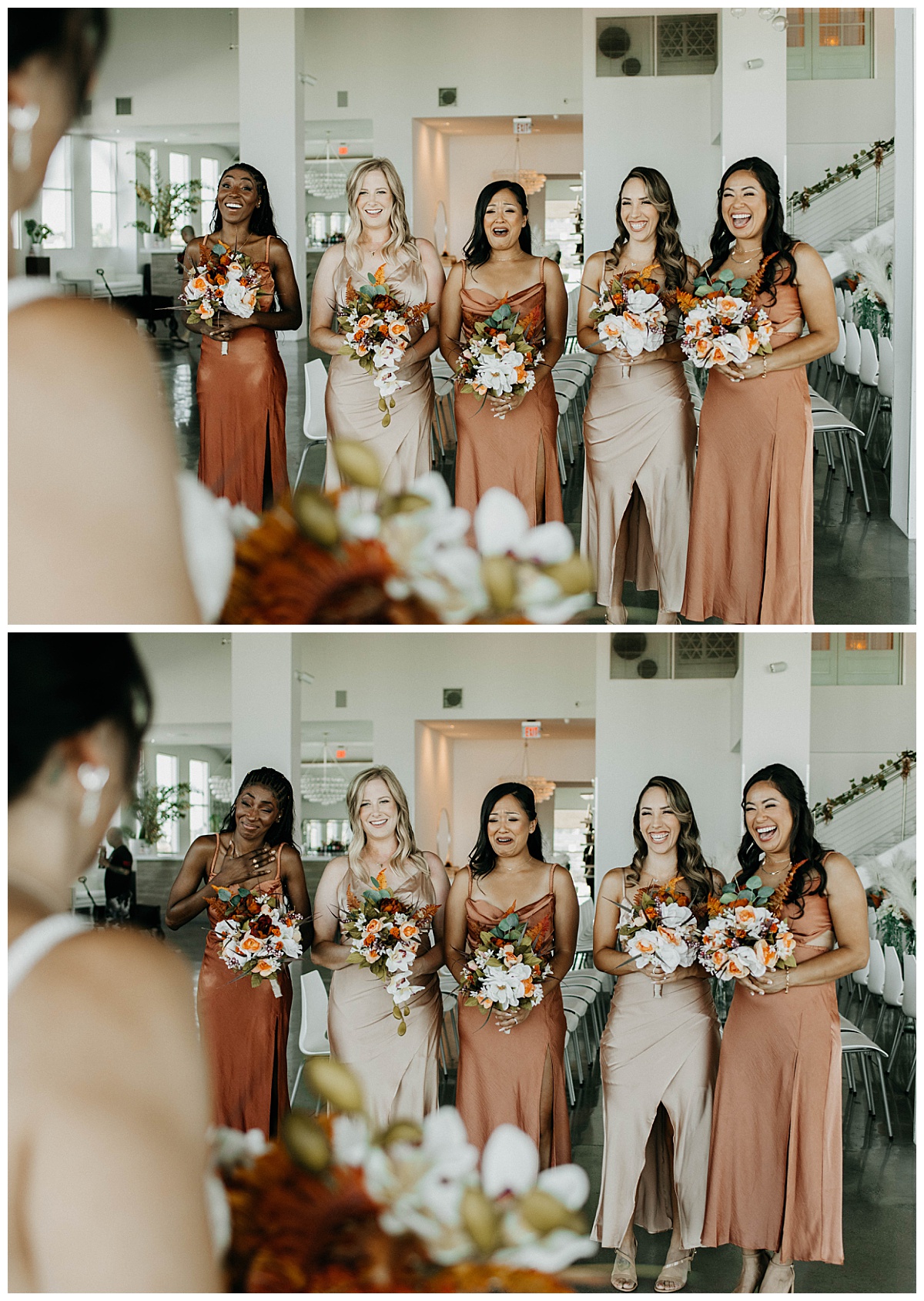 bridesmaids see their friend for the first time at Long Beach ceremony 