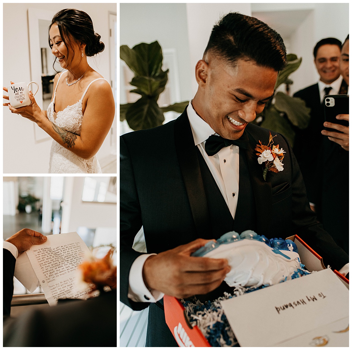 bride and groom exchange gifts by Texas wedding photographer