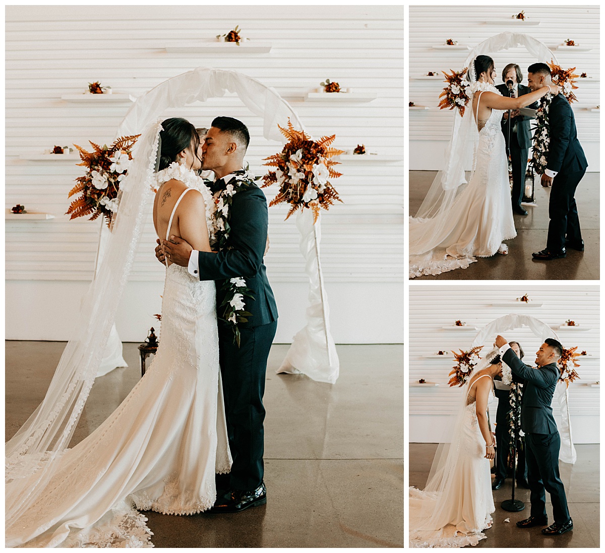 newlyweds exchange lei and kiss at the altar during Long Beach ceremony 