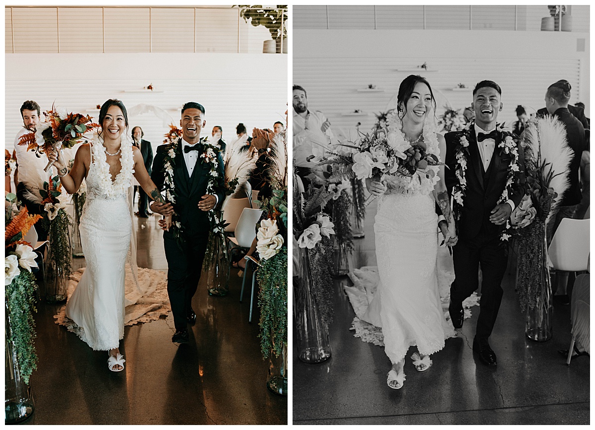 bride and groom celebrate as they walk down the aisle together by Texas wedding photographer