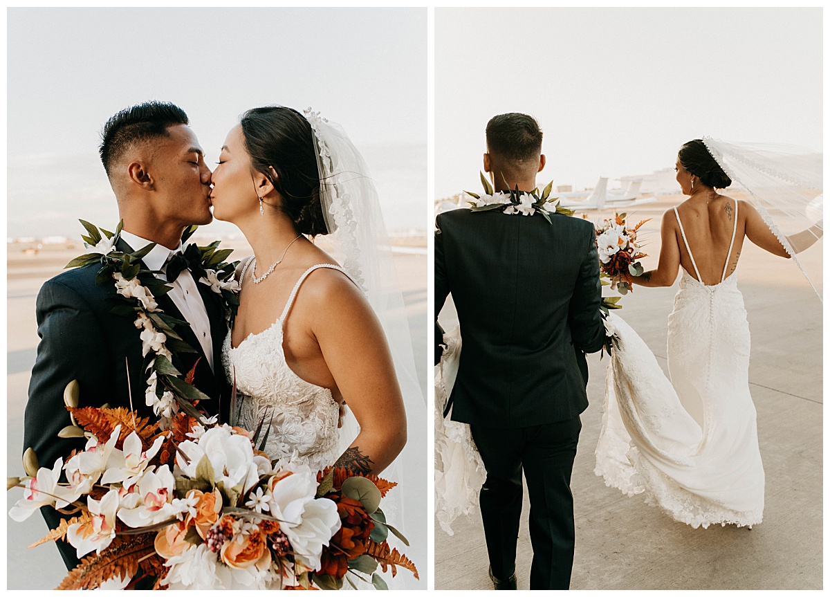 couple carries train of gown as veil blows in the wind by Texas wedding photographer