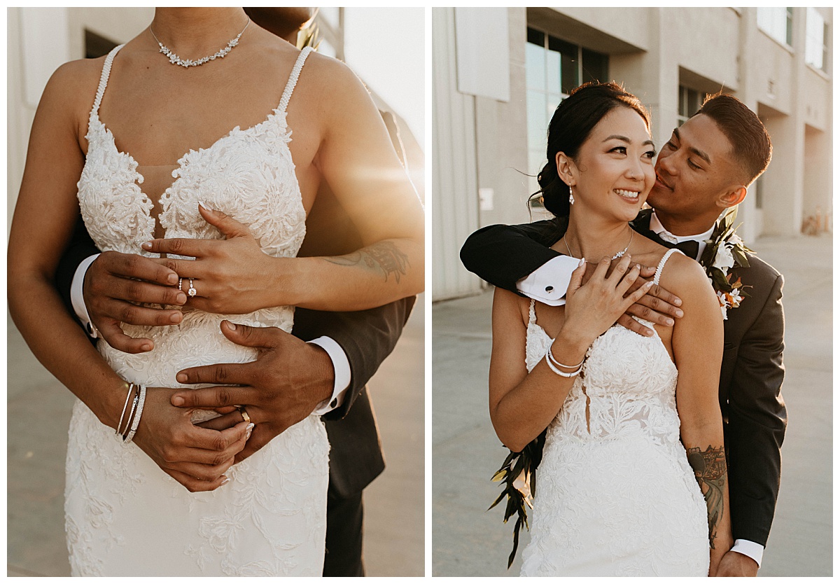 man wraps his hands around woman at Long Beach ceremony 