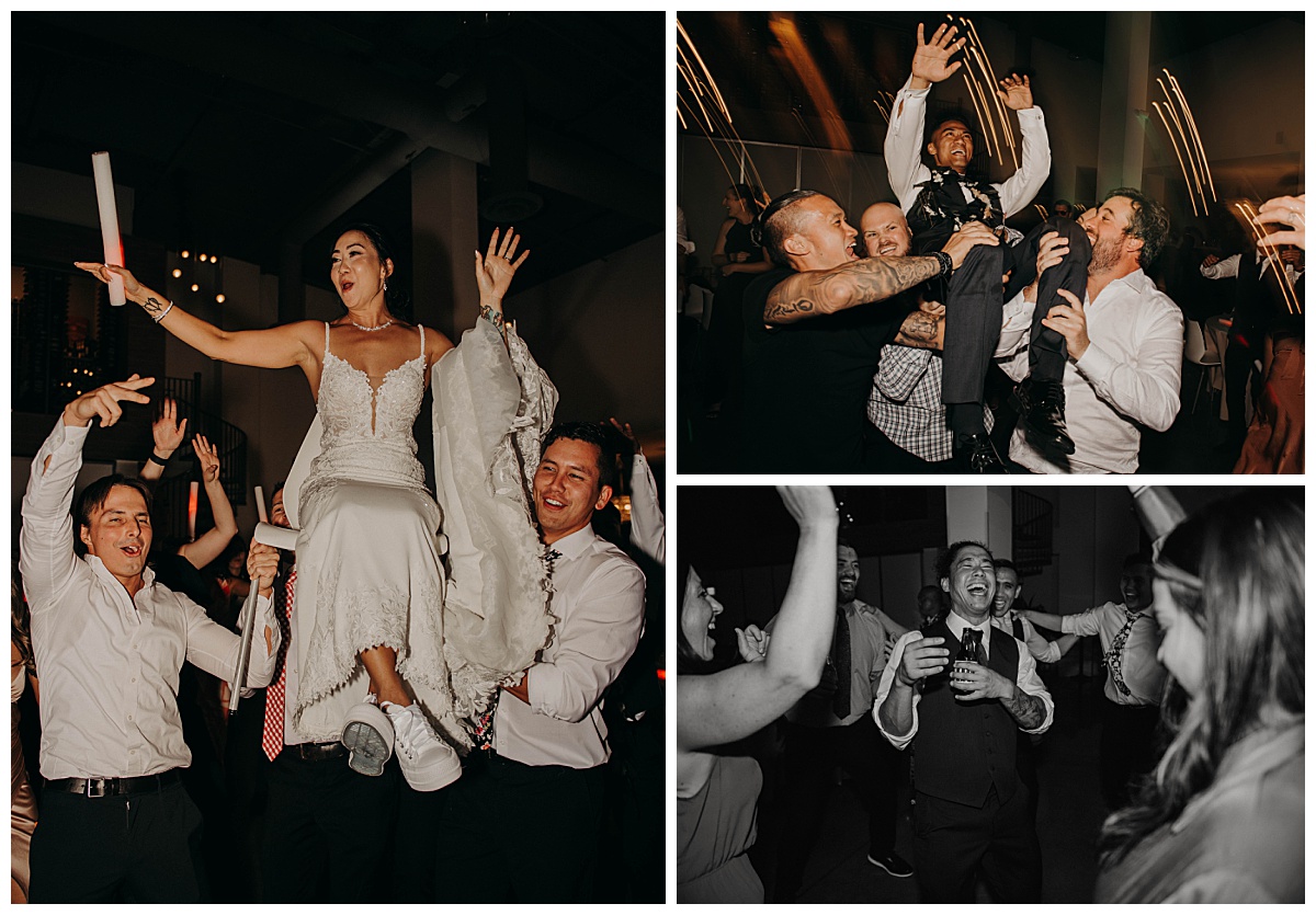 bride and groom are held up on chairs during the reception by Texas wedding photographer