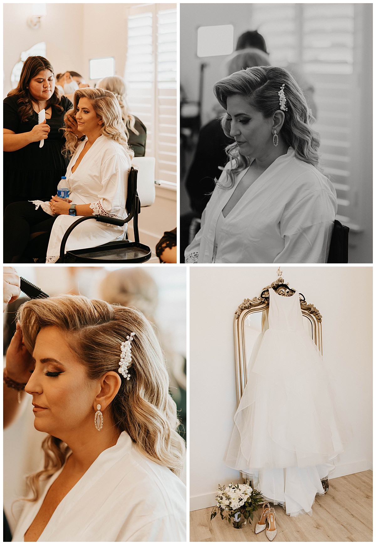 bride gets ready as her dress hangs on wall by Texas Wedding Photographer