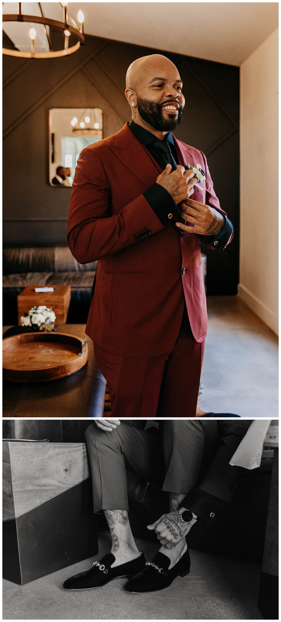 groom adjusts tie during Posey Meadows ceremony